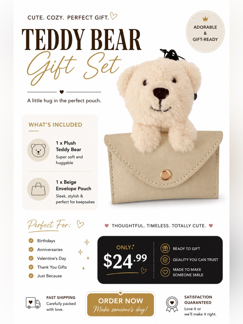 NWT Teddy Gift Set, holds gift card or cash - Cream Color
